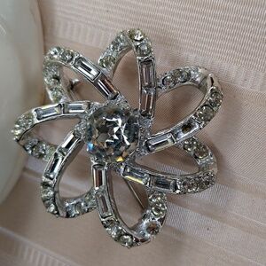 Vintage Silver TP TOP Signed Crystal Brooch Flower Swirl Mid Century